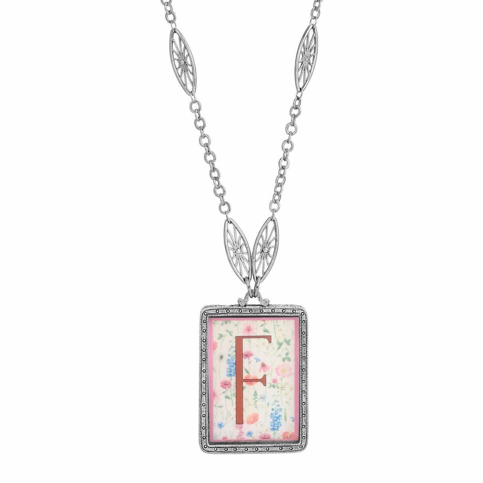 1928 Jewelry Pink Floral Motif Initial Pendant Necklace 30"