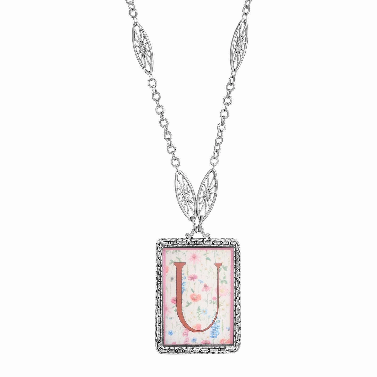 1928 Jewelry Pink Floral Motif Initial Pendant Necklace 30"