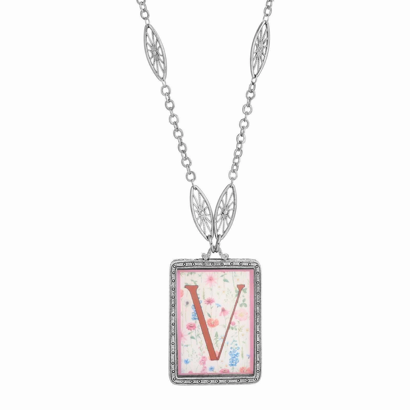 1928 Jewelry Pink Floral Motif Initial Pendant Necklace 30"