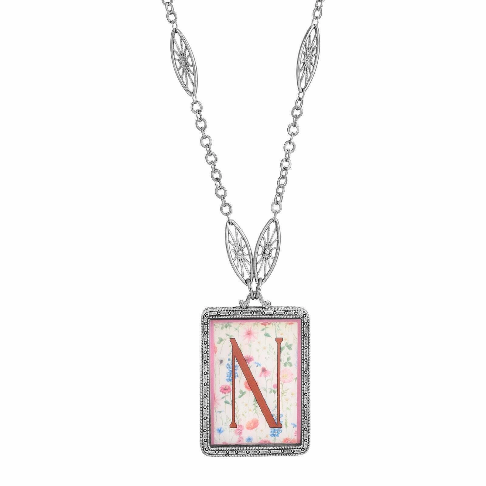 1928 Jewelry Pink Floral Motif Initial Pendant Necklace 30"