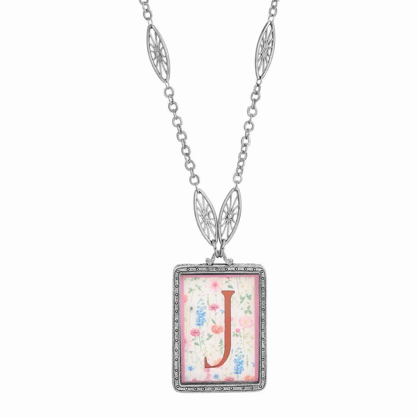 1928 Jewelry Pink Floral Motif Initial Pendant Necklace 30"