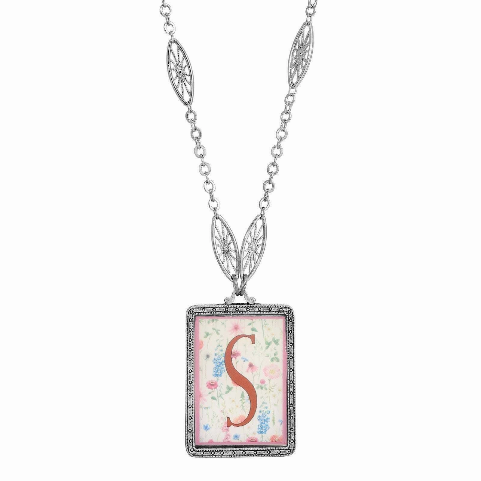 1928 Jewelry Pink Floral Motif Initial Pendant Necklace 30"