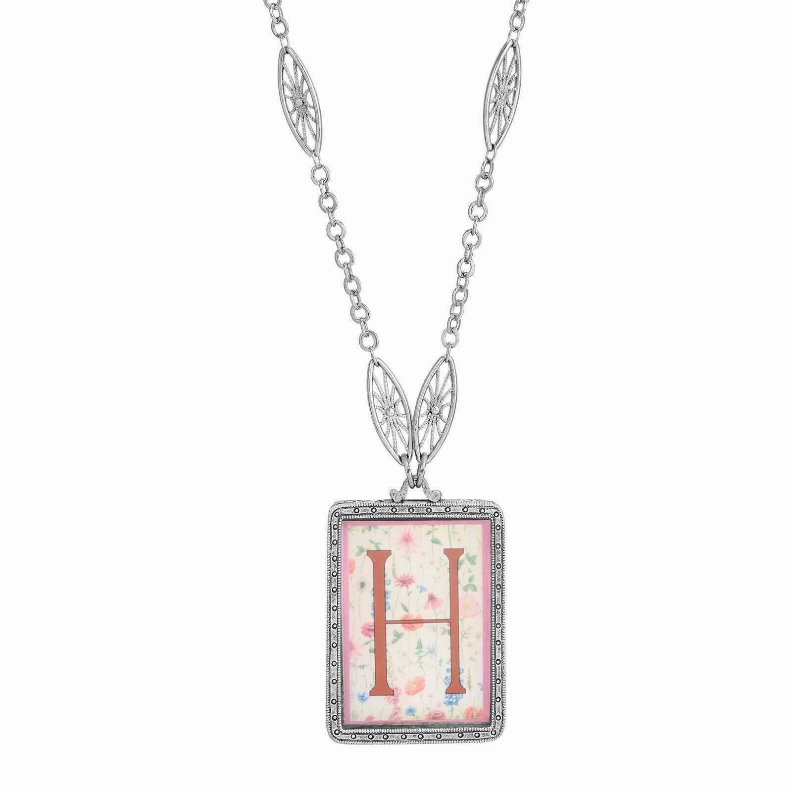 1928 Jewelry Pink Floral Motif Initial Pendant Necklace 30"