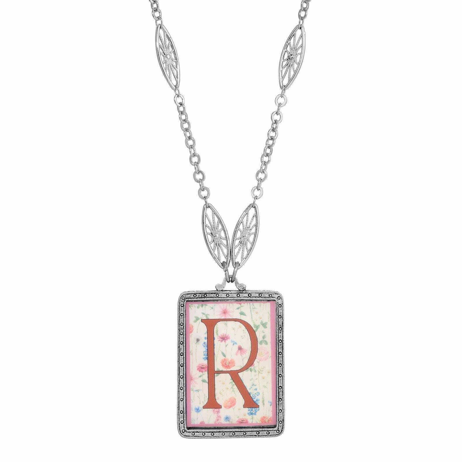 1928 Jewelry Pink Floral Motif Initial Pendant Necklace 30"
