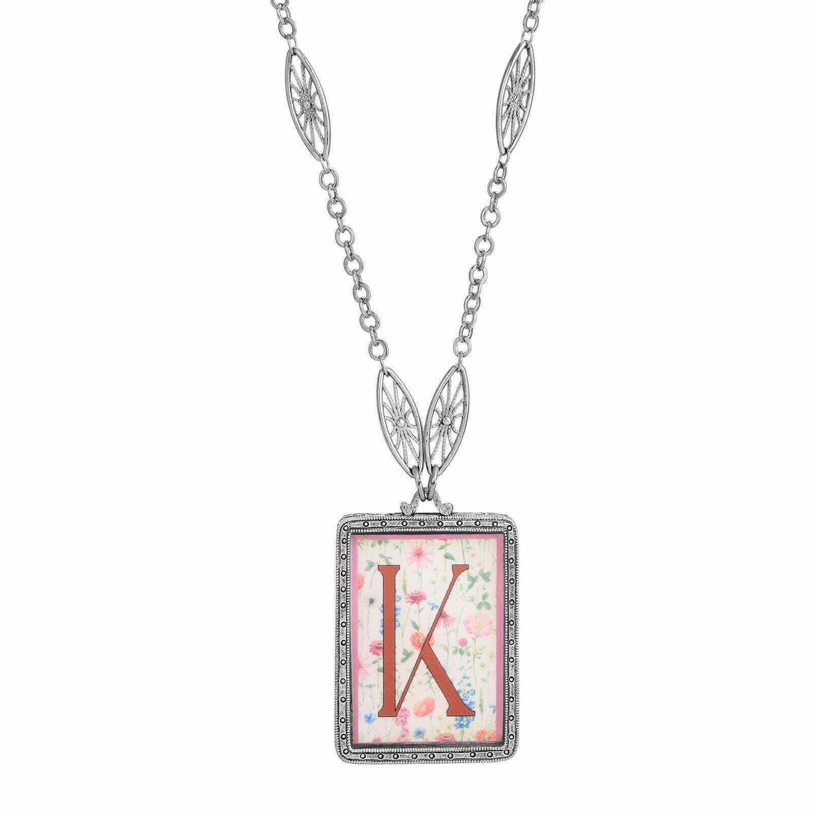 1928 Jewelry Pink Floral Motif Initial Pendant Necklace 30"