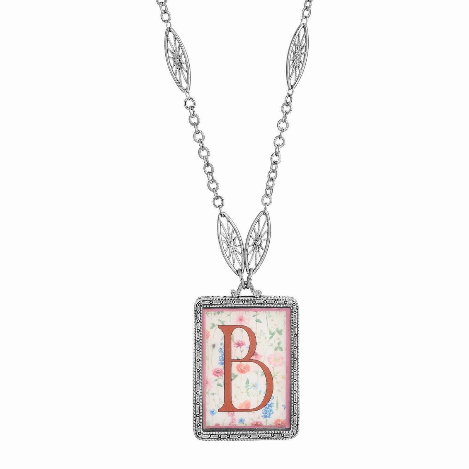1928 Jewelry Pink Floral Motif Initial Pendant Necklace 30"