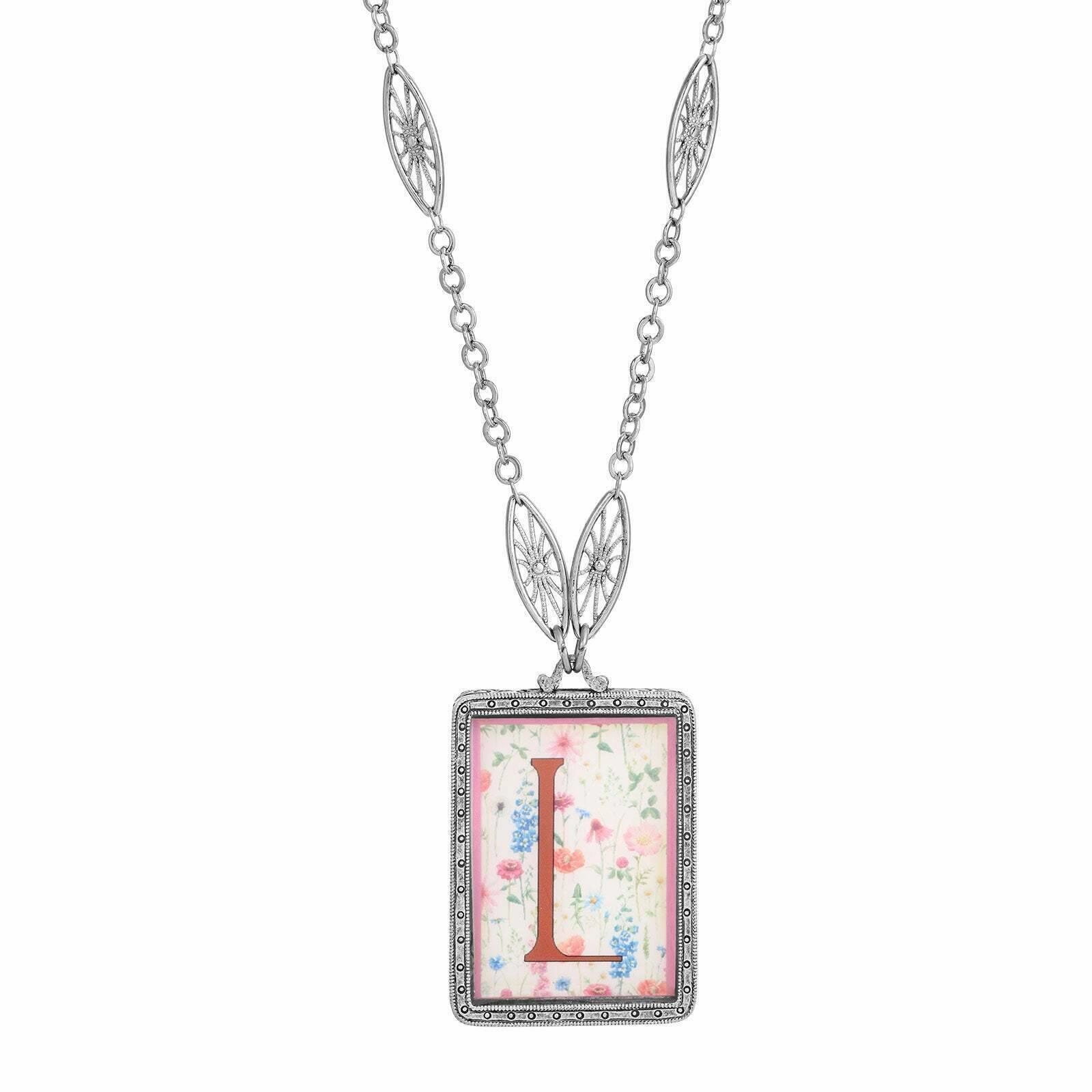 1928 Jewelry Pink Floral Motif Initial Pendant Necklace 30"