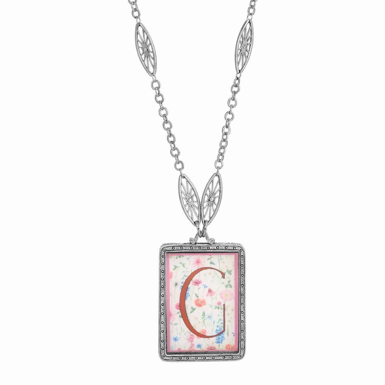 1928 Jewelry Pink Floral Motif Initial Pendant Necklace 30"