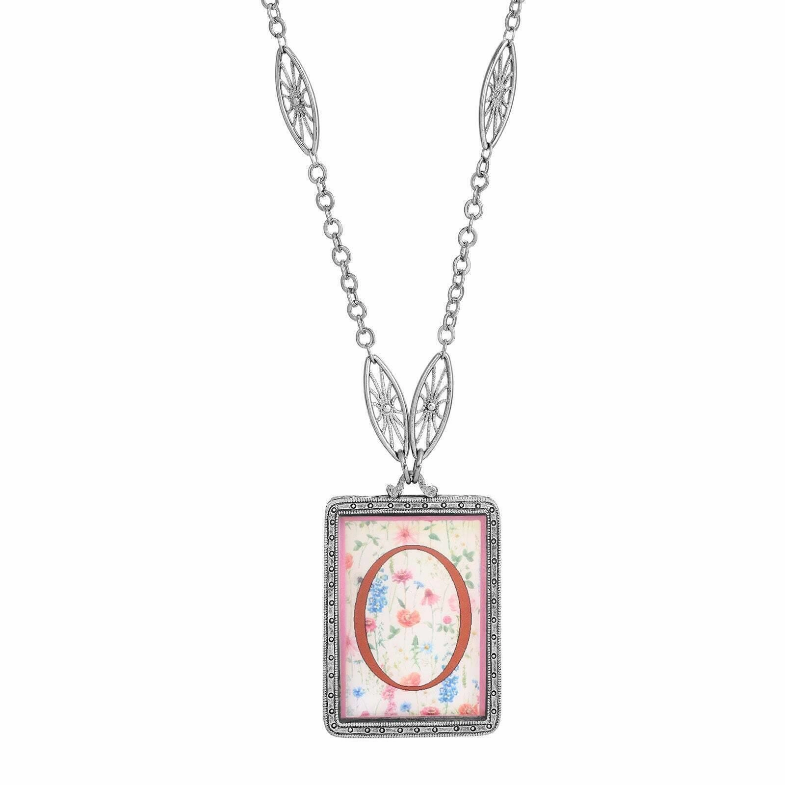 1928 Jewelry Pink Floral Motif Initial Pendant Necklace 30"
