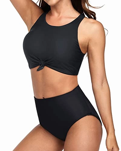 2 Piece Sporty High Neck Tie Knot Bikini Set Bottom-Black