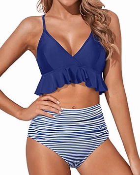Adjustable Criss Cross Ruffle High Waisted Bikini Ruched-Blue White Striped