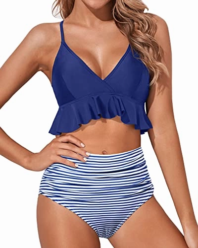 Adjustable Criss Cross Ruffle High Waisted Bikini Ruched-Blue White Striped