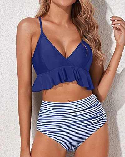 Adjustable Criss Cross Ruffle High Waisted Bikini Ruched-Blue White Striped