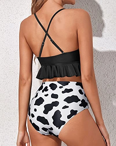 Adorable Curves Accentuating Bikini Set Deep V Neckline-Black And White Cow Pattern