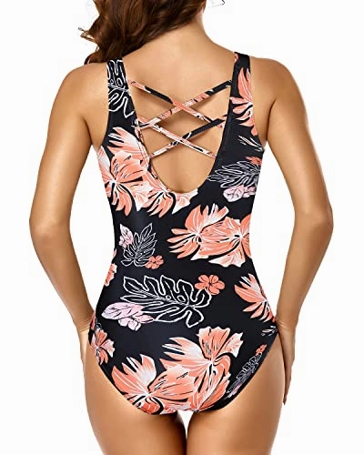 Athletic Training Bathing Suits Criss Cross One Piece Swimsuits For Teen Girls-Black Orange Floral