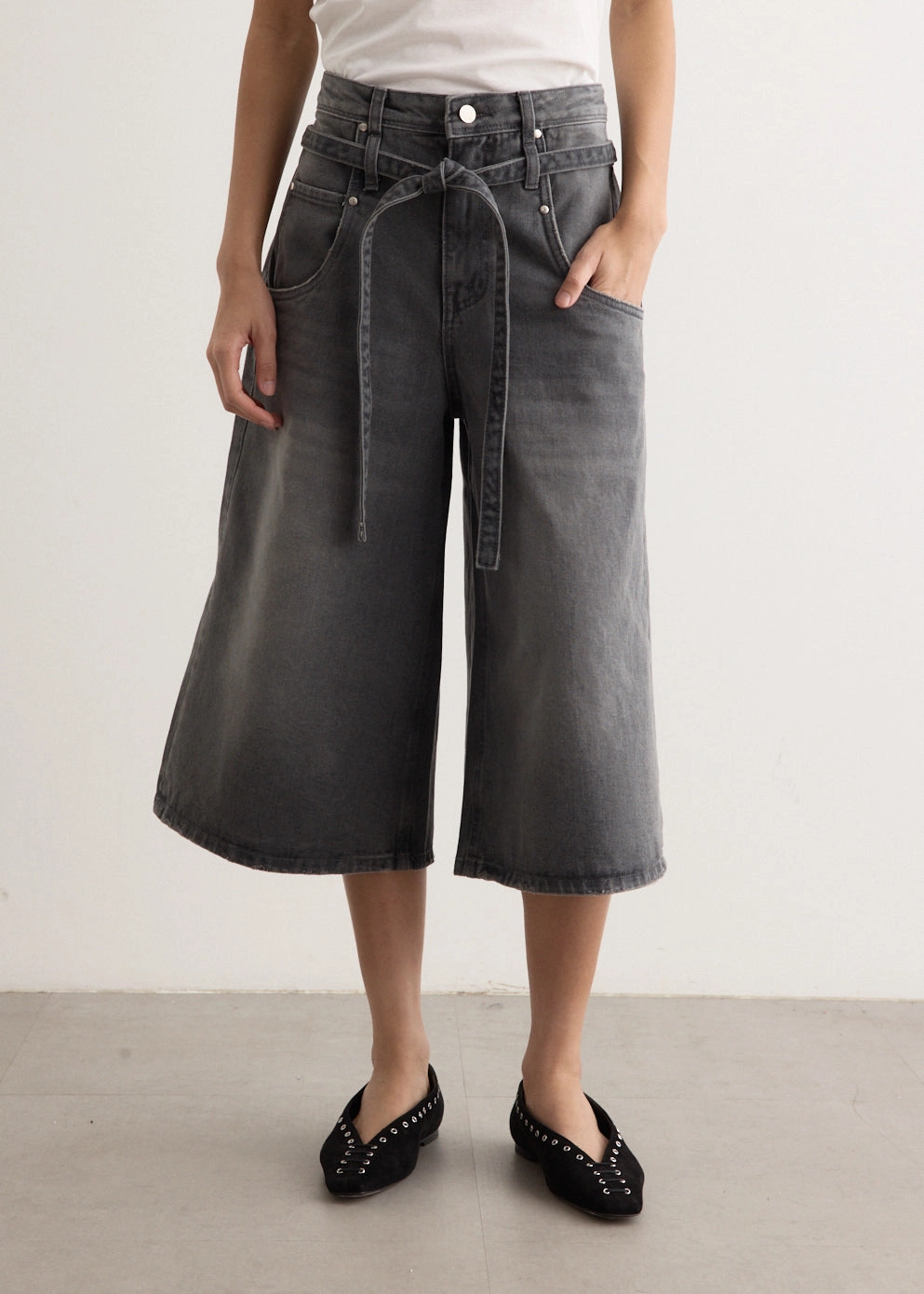 Belted Denim Bermuda Pants