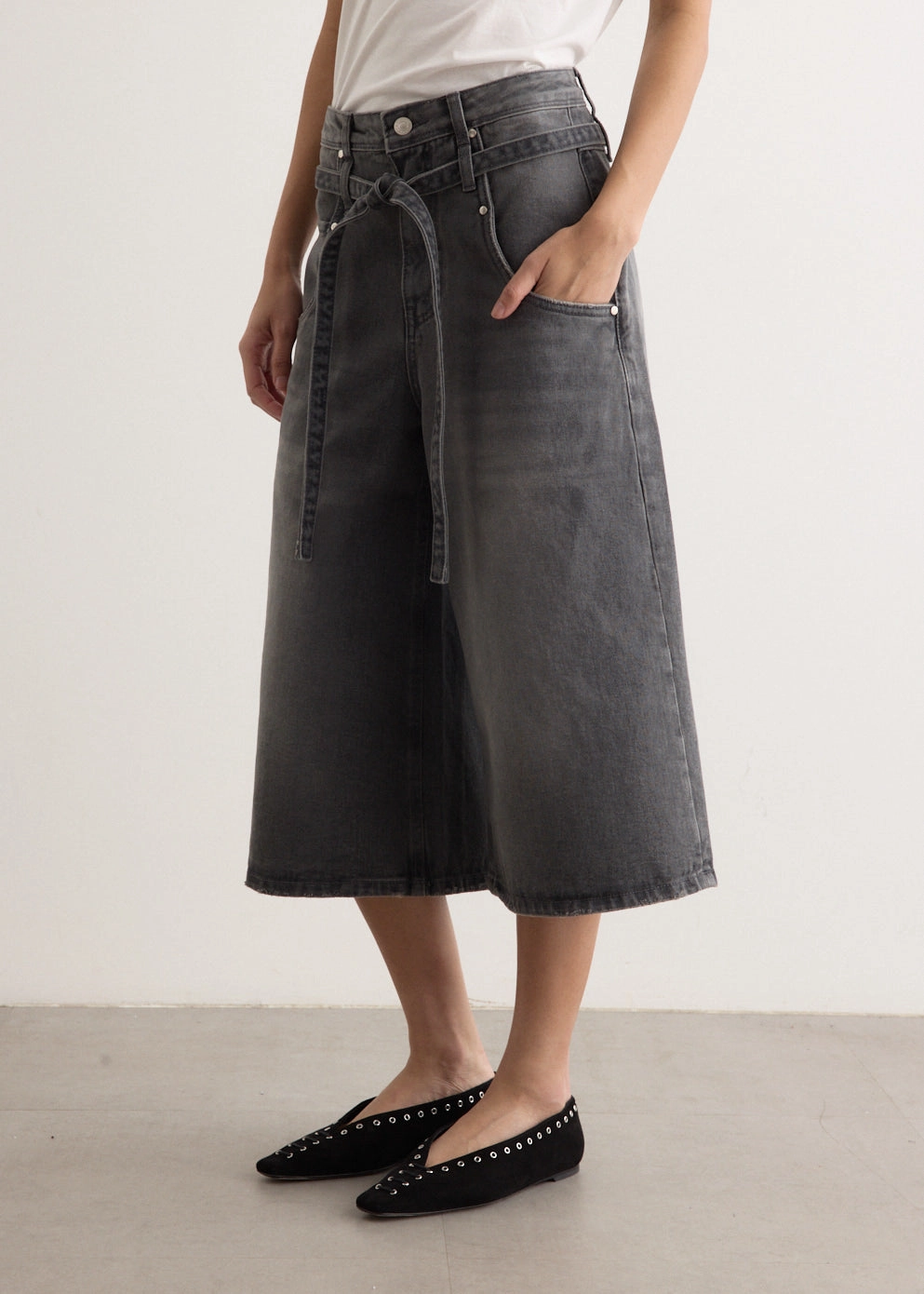 Belted Denim Bermuda Pants