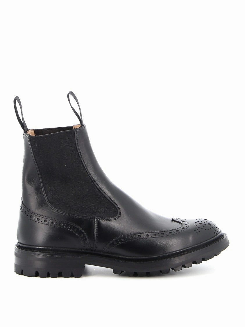Black Leather Chelsea Boot With Brogue Details