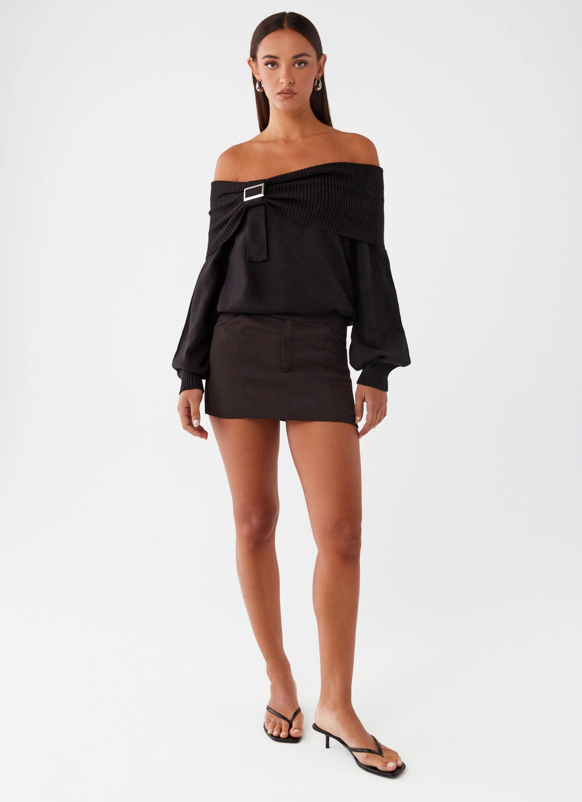 Buckle Up Oversized Bardot Knit Sweater - Black
