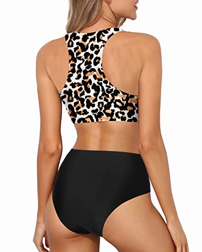 Charming Racerback Sporty High Waisted Bikini Set-Black And Leopard