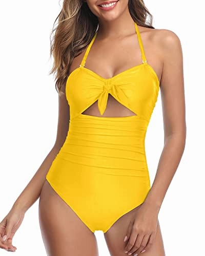 Chic High Waisted Halter Front Tie Knot One Piece Cutout Swimsuits-Neon Yellow