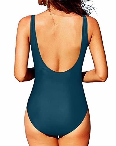 Chic Ruched Tummy Control Round Neck One Piece Swimsuits-Teal