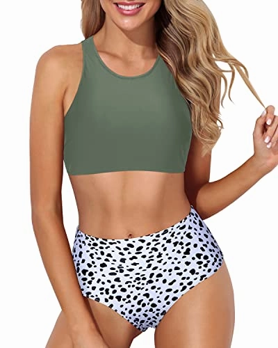 Convenient Tank Style Sporty High Waisted Bikini Set-Green Spotted Dog