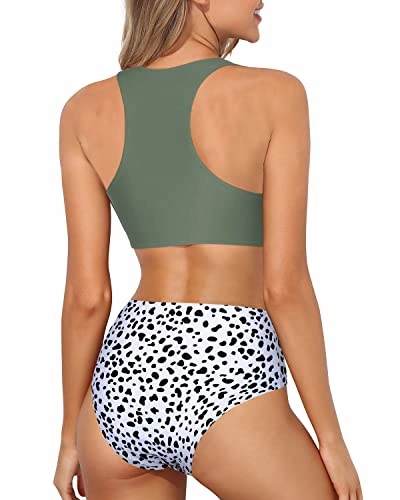 Convenient Tank Style Sporty High Waisted Bikini Set-Green Spotted Dog