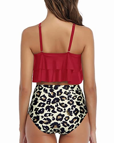 Deep Crew Neckline Bikini Set Removable Padded Push Up Bras-Red And Leopard