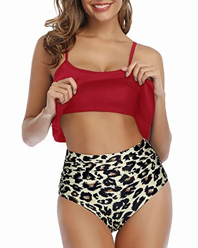Deep Crew Neckline Bikini Set Removable Padded Push Up Bras-Red And Leopard