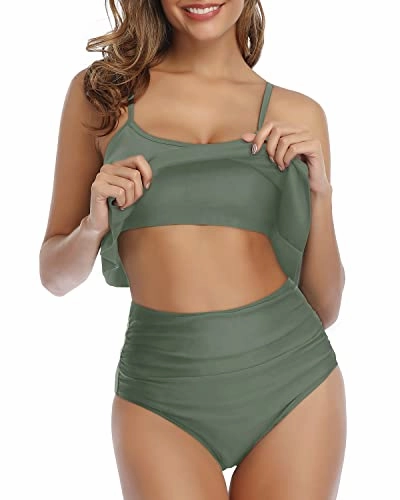 Feminine And Gorgeous Two Piece Ruffle Bikini-Army Green
