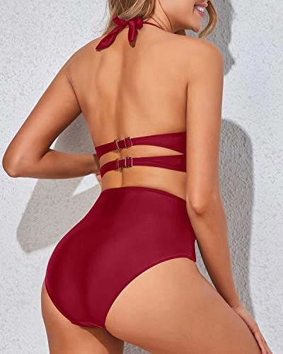 Flattering Ruched High Waisted Two Piece Bikini Set For Women-Red