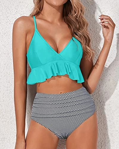 Flattering Ruched Two Piece Swimsuits-Aqua Stripe