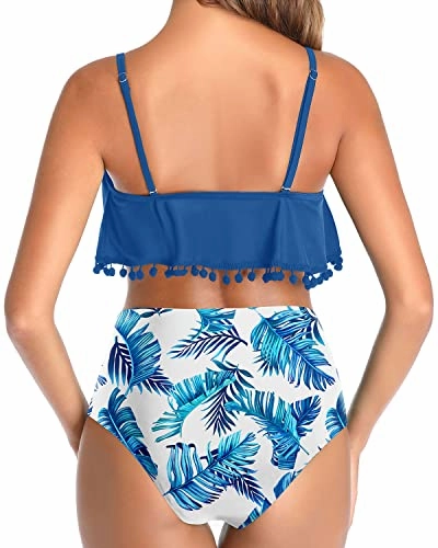 Flounce Pom Pom Trim Bathing Suit Two Piece Bikini Swimsuit-Blue Leaves On White