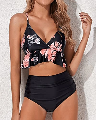 Flouncy Ruffle High Waisted Bikini Swimsuits Deep V Neck-Black Orange Floral