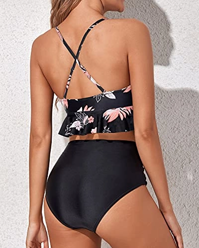 Flouncy Ruffle High Waisted Bikini Swimsuits Deep V Neck-Black Orange Floral