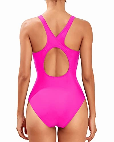 Full Coverage Athletic One Piece Bathing Suit Padded Bra For Women-Neon Pink