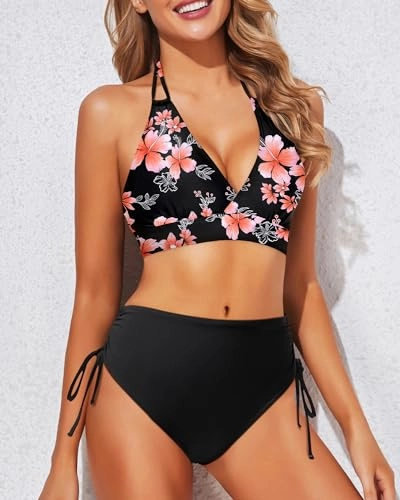 Halter V-Neck Bikini Top Drawstring Two Piece Set