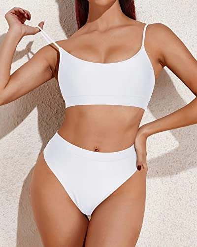 High Cut Bathing Suit High Waisted Bikini Sporty Scoop Neck Swimsuits-White