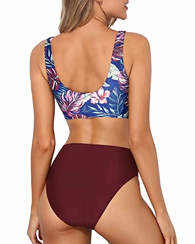 High Cut Scoop Neck Bikini Crop Top High Cut Swimsuit-Purple Leaf