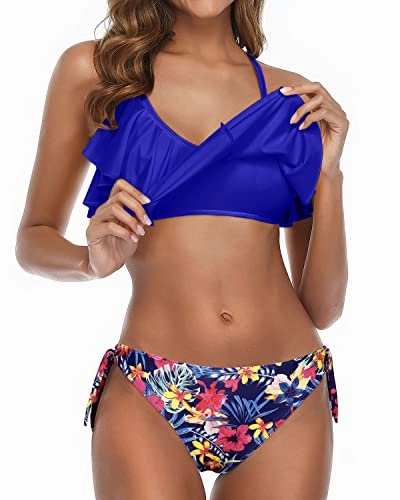 High Cut Side Tie Bottom Two Piece Flounce Bikini-Royal Blue Floral