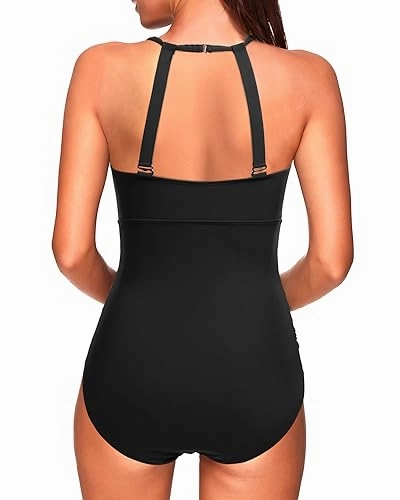 High Neck Mesh Cutout Ruched One Piece Swimsuit