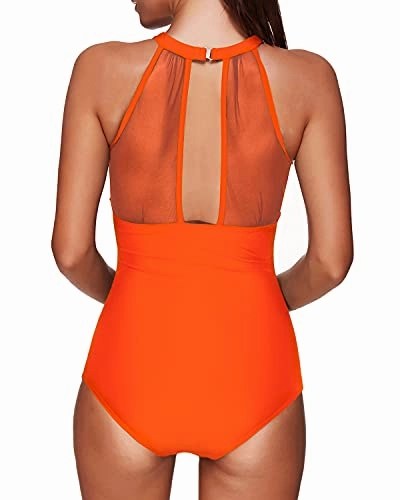 High Neck Mesh Monokini One Piece Swimsuit Ruched Detailing-Neon Orange