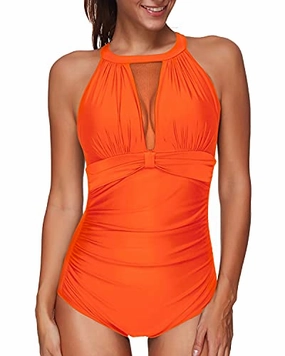 High Neck Mesh Monokini One Piece Swimsuit Ruched Detailing-Neon Orange