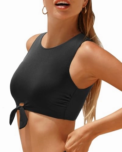 High Neck Tie Front Keyhole Crop Top
