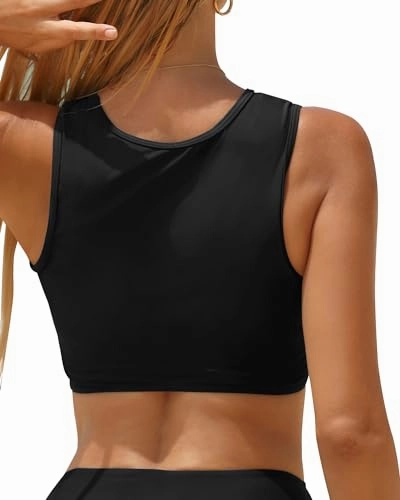High Neck Tie Front Keyhole Crop Top