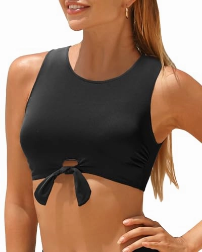 High Neck Tie Front Keyhole Crop Top