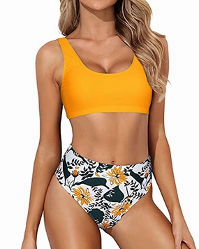 High Waisted Bathing Suit For Long Torso Two Piece Scoop Neck Bikini-Yellow Floral