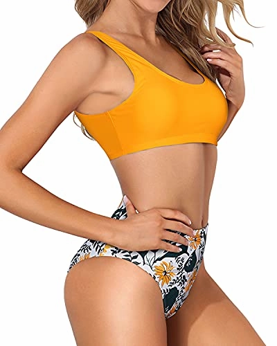 High Waisted Bathing Suit For Long Torso Two Piece Scoop Neck Bikini-Yellow Floral