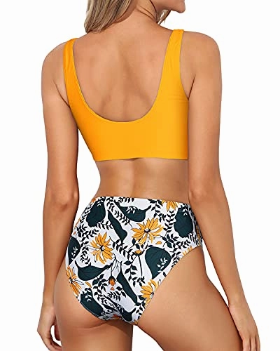 High Waisted Bathing Suit For Long Torso Two Piece Scoop Neck Bikini-Yellow Floral